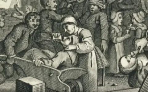 Eine Szene aus der Gin-Geschichte: Menschen in einer Taverne, einige trinken, andere scheinen zu leiden.