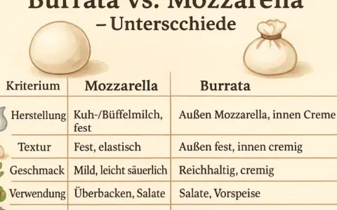 Vergleichstabelle: Was ist Burrata? Außen Mozzarella, innen cremig, reichhaltig und frisch genießen. Mozzarella ist fest und mild.