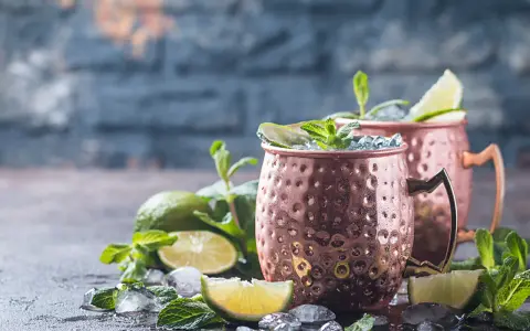 Zwei eisgekühlte Kupferbecher mit einem erfrischenden alkoholfreien Ginger Beer Cocktail, garniert mit Limette und Minze.