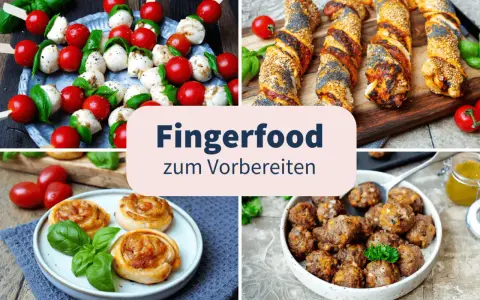 Vorbereitung für schnelles Fingerfood am Vortag: Caprese-Spieße, Blätterteig-Schnecken, Hackbällchen und herzhafte Teigstangen.