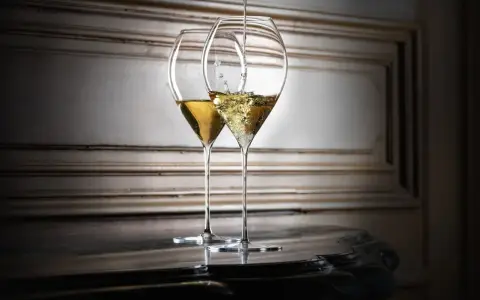 Zwei elegante Gläser, eines wird mit Champagner gefüllt. So trinkt man Champagner stilvoll.