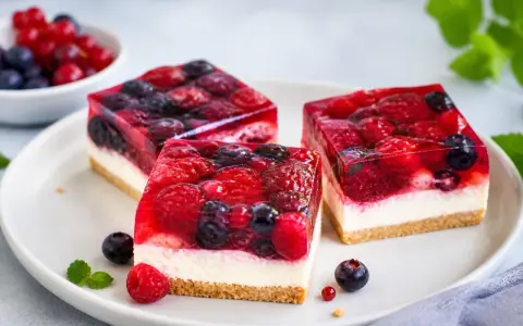 Drei Stücke einer erfrischenden sommertorte mit Beeren und Gelee auf einem Teller.