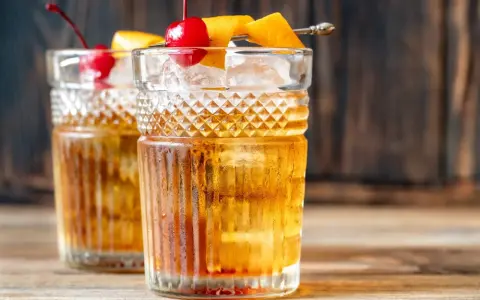 Zwei klassische Gin Old Fashioned Cocktails, garniert mit Kirschen und Orangenzesten, auf einem Holztisch.