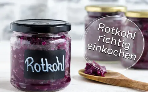 Gläser mit Rotkohl, bereit zum Rotkohl einkochen. Ein Löffel mit Rotkohl liegt daneben.