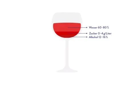 Ein Weinglas mit rotem Wein zeigt die Zusammensetzung: Wasser, Zucker und Alkohol. Der geringe Zuckergehalt beeinflusst die Riesling Kalorien.
