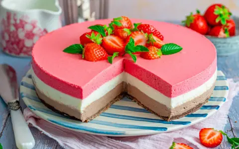 Dreischichtiger no bake kuchen mit Erdbeeren und Minze. Ein Traum aus Frucht, Creme und Schokolade, der keine Hitze braucht.