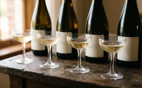 Vier Gläser mit sprudelndem Champagner Sekt stehen auf einem Holztisch vor mehreren dunklen Flaschen.