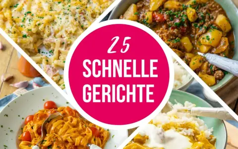 Vier leckere, schnelle Gerichte: Nudelauflauf, Gulasch mit Kartoffeln, Pasta mit Tomatensoße und Curry mit Reis. Perfekt für den Feierabend!