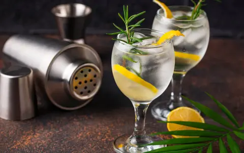 Zwei erfrischende Gin Tonic mit Zitrone und Rosmarin, dane ein Shaker. Perfekt für den Abend, mit dem richtigen Gin Tonic Prozent.