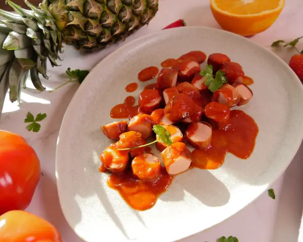 Leckeres Currywurst Rezept: Geschnittene Wurst in würziger Sauce, garniert mit Petersilie. Daneben Ananas, Orange und Tomaten.