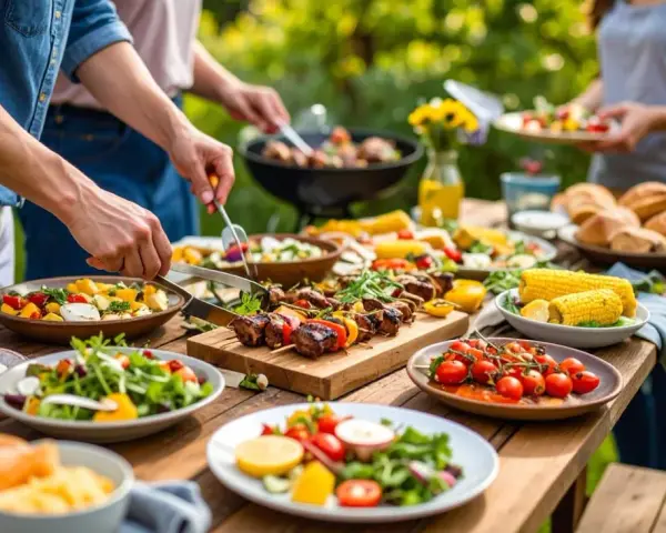 Leckere Beilagen zum Grillen: Salate, Maiskolben, Tomaten und Spieße auf einem Holztisch im Freien.