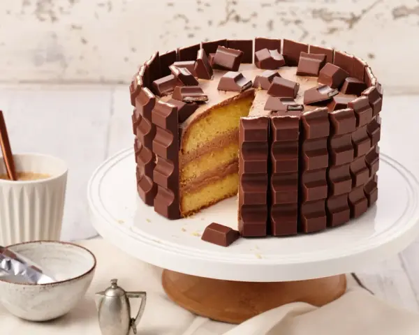 Eine köstliche Kinderriegel Torte, umhüllt von Schokoriegeln und garniert mit Stückchen. Ein Traum für jeden Schokoladenliebhaber!