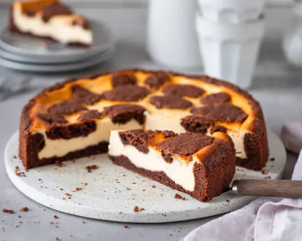 Ein saftiger russischer Zupfkuchen mit cremigem Käsekuchen und schokoladigen Streuseln. Ein Stück wurde bereits herausgeschnitten.