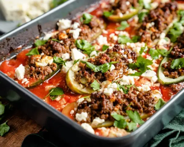 Gefüllte Zucchini mit Hackfleisch und Feta in Tomatensauce, ein köstliches Gericht, das zeigt, wie vielseitig Rezepte mit Gurken sein können.