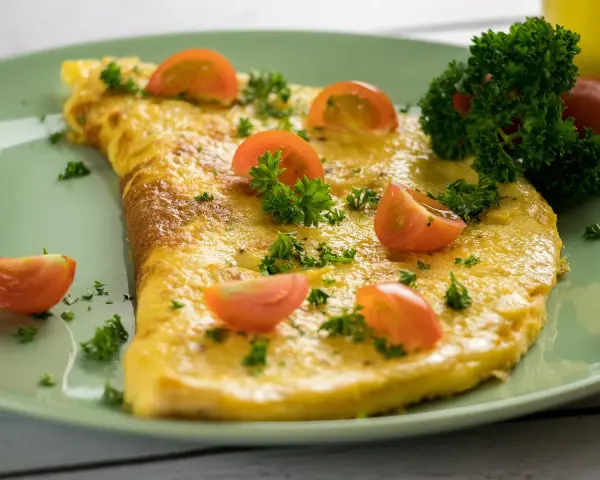 Ein goldgelbes Omelett, garniert mit Kirschtomaten und Petersilie. Ein einfaches und leckeres Omelett Rezept für jeden Tag.