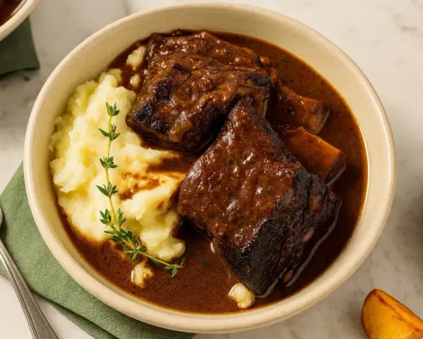Herzhaftes Rindergulasch mit cremigem Kartoffelpüree, ein perfektes Wein und Essen Erlebnis.