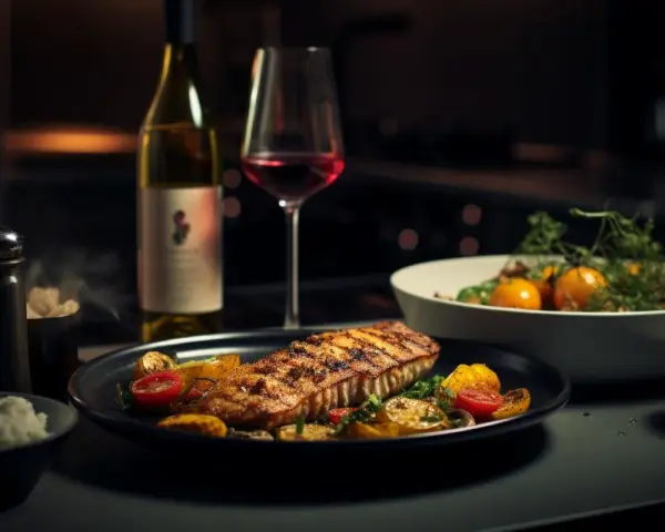 Ein gegrilltes Lachsfilet mit Gemüse, dazu ein Glas Rotwein. Die perfekte Antwort auf die Frage: welcher Wein zu Fisch.