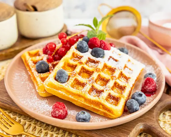 Zwei goldbraune Proteinwaffeln, bestäubt mit Puderzucker und garniert mit frischen Beeren und Johannisbeeren.