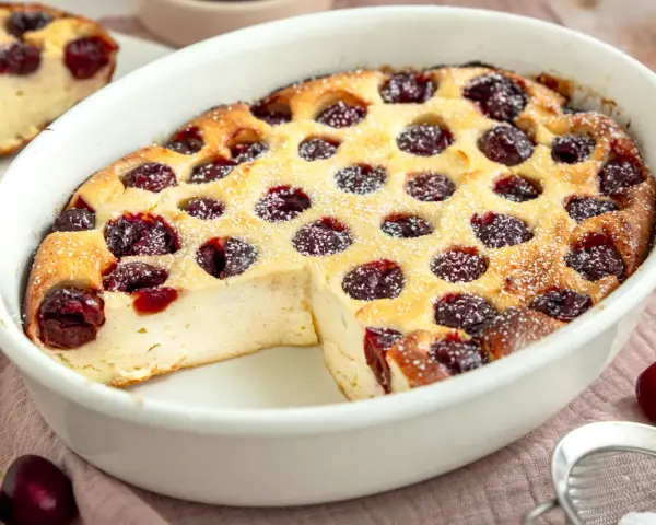 Ein goldbrauner Kirschauflauf mit Puderzucker bestäubt, bereit zum Servieren. Dieses Kirschauflauf Rezept ist ein Genuss!