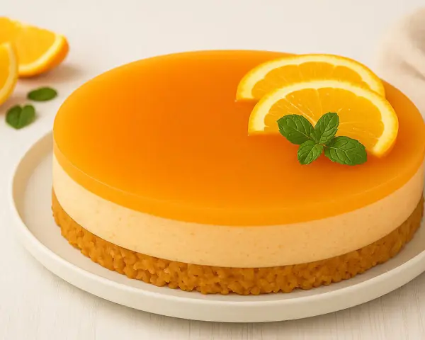 Eine leuchtend orangefarbene Aperol Torte mit Orangenscheiben und Minze, auf einem weißen Teller.
