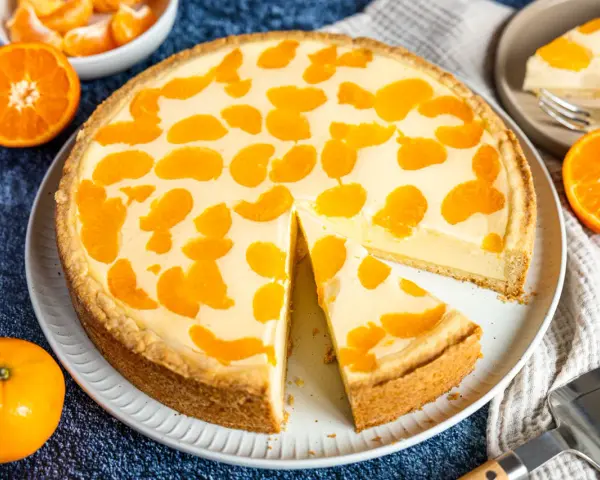 Ein saftiger faule weiber kuchen mit Mandarinenstücken, der auf einem Teller liegt. Daneben liegen frische Mandarinen und eine Tortenschaufel.