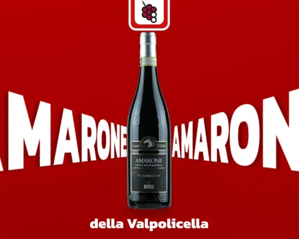 Flasche Amarone della Valpolicella, ein italienischer Rotwein, umgeben von riesigen weißen Buchstaben "AMARONE".