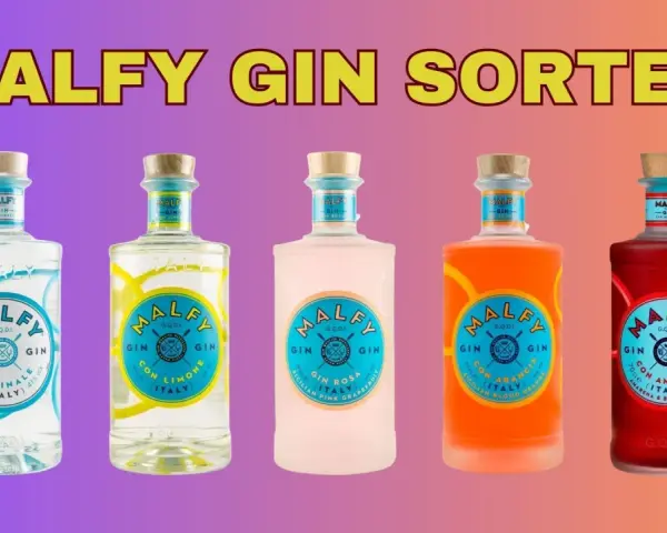 Fünf Malfy Gin Sorten: Originale, Con Limone, Gin Rosa, Con Arancia und Con Amarena.
