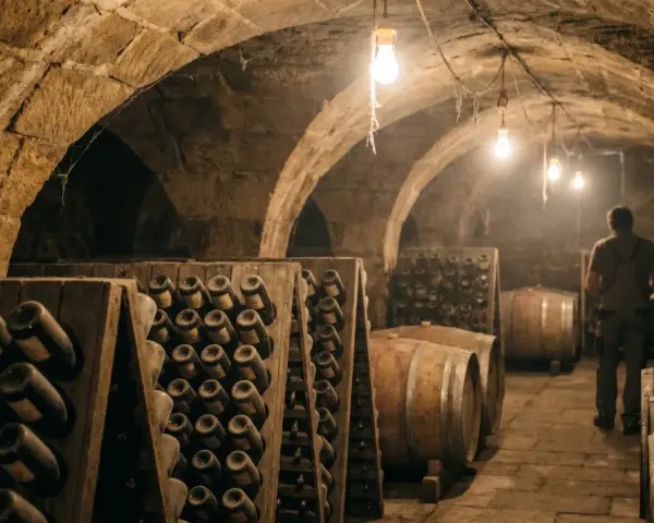 Weinlager mit Flaschenständern und Fässern. Ein Mann steht im Gang, wo die Methode Champenoise zur Reifung des Weins angewendet wird.