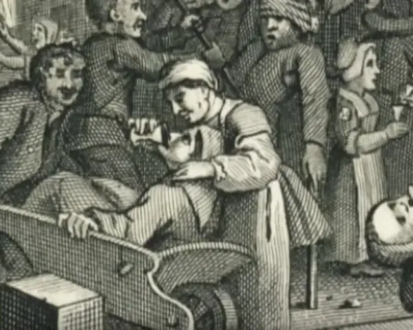 Eine Szene aus der Gin-Geschichte: Menschen in einer Taverne, einige trinken, andere scheinen zu leiden.