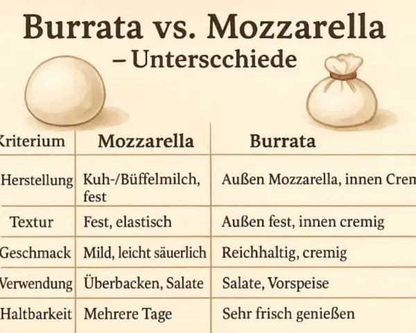 Vergleichstabelle: Was ist Burrata? Außen Mozzarella, innen cremig, reichhaltig und frisch genießen. Mozzarella ist fest und mild.