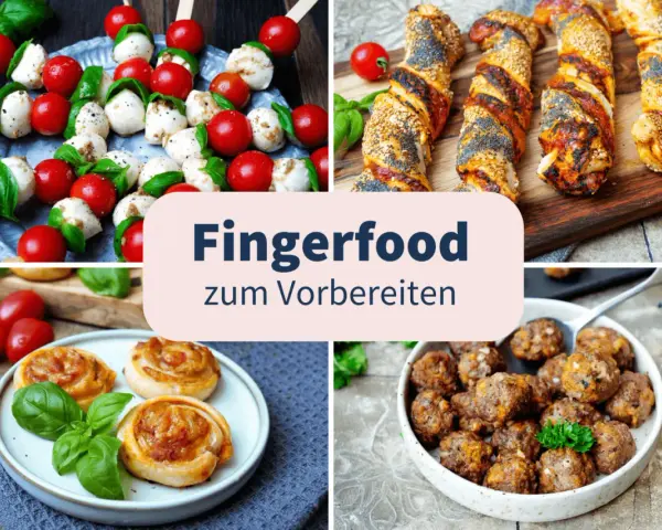 Vorbereitung für schnelles Fingerfood am Vortag: Caprese-Spieße, Blätterteig-Schnecken, Hackbällchen und herzhafte Teigstangen.