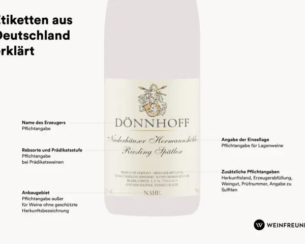 Deutsches Etikett erklärt: DÖNNHOFF Riesling Spätlese, enthält Sulfite. Veganer Wein ohne Sulfite ist hier nicht ausgewiesen.