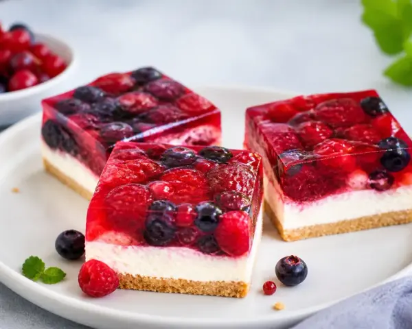 Drei Stücke einer erfrischenden sommertorte mit Beeren und Gelee auf einem Teller.