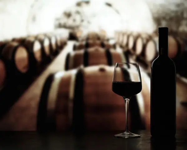 Ein Glas und eine Flasche Rotwein stehen vor einer Reihe von Eichenfässern in einer Weinkeller. Ein perfekter Rioja Spanien Wein.