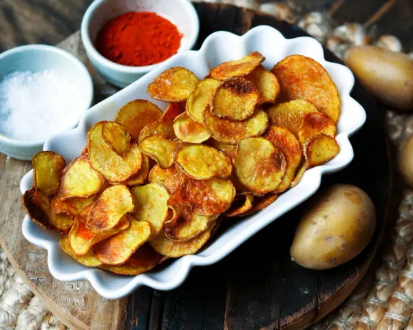 Selbstgemachte Kartoffelchips, goldbraun und knusprig, mit Salz und Paprikapulver. So einfach ist kartoffelchips selber machen!
