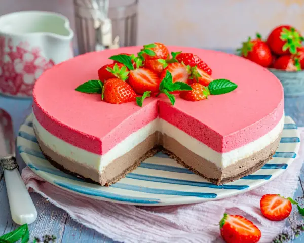 Dreischichtiger no bake kuchen mit Erdbeeren und Minze. Ein Traum aus Frucht, Creme und Schokolade, der keine Hitze braucht.