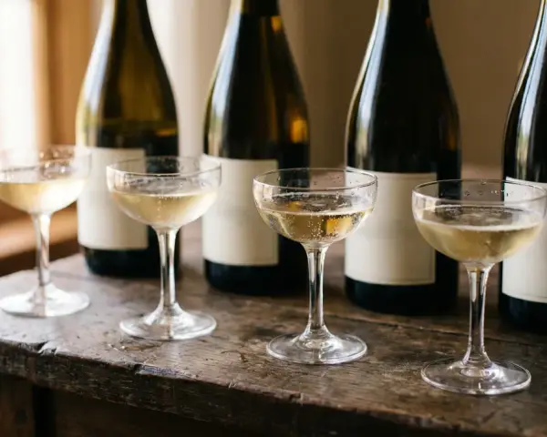 Vier Gläser mit sprudelndem Champagner Sekt stehen auf einem Holztisch vor mehreren dunklen Flaschen.