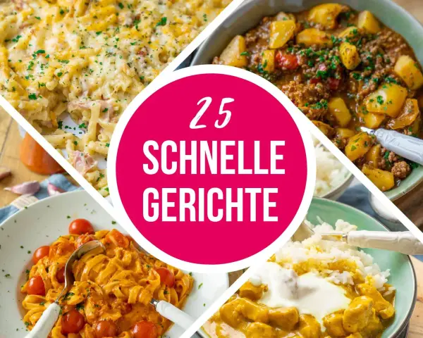 Vier leckere, schnelle Gerichte: Nudelauflauf, Gulasch mit Kartoffeln, Pasta mit Tomatensoße und Curry mit Reis. Perfekt für den Feierabend!