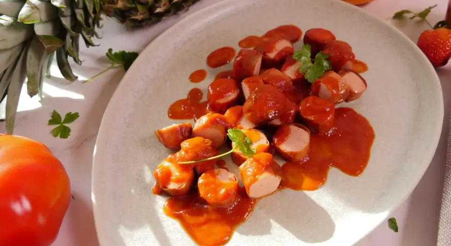 Leckeres Currywurst Rezept: Geschnittene Wurst in würziger Sauce, garniert mit Petersilie. Daneben Ananas, Orange und Tomaten.