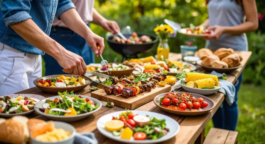 Leckere Beilagen zum Grillen: Salate, Maiskolben, Tomaten und Spieße auf einem Holztisch im Freien.