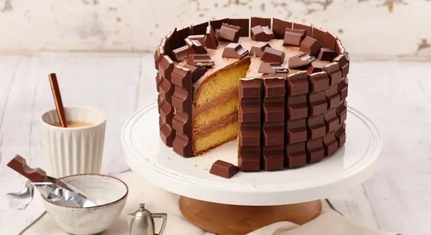 Eine köstliche Kinderriegel Torte, umhüllt von Schokoriegeln und garniert mit Stückchen. Ein Traum für jeden Schokoladenliebhaber!