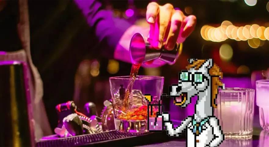 Pixel-Pferd mixt einen Drink, während ein Barkeeper Eis und Alkohol in ein Glas gießt. Perfektes Gin-Tonic-Verhältnis im Fokus.