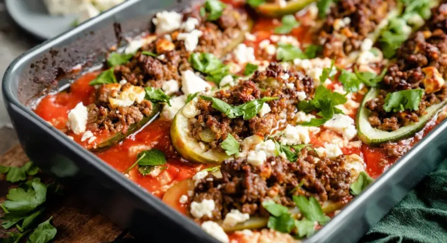 Gefüllte Zucchini mit Hackfleisch und Feta in Tomatensauce, ein köstliches Gericht, das zeigt, wie vielseitig Rezepte mit Gurken sein können.