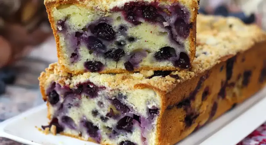 Saftiger Blaubeerkuchen mit Streuseln, ein Stück gestapelt auf dem ganzen Kuchen.