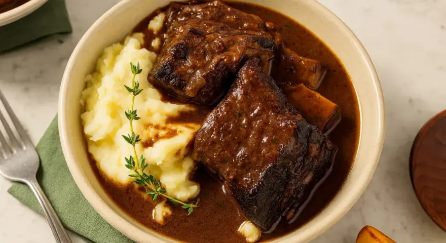 Herzhaftes Rindergulasch mit cremigem Kartoffelpüree, ein perfektes Wein und Essen Erlebnis.