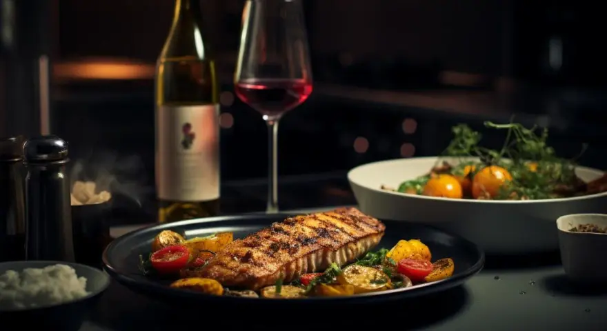 Ein gegrilltes Lachsfilet mit Gemüse, dazu ein Glas Rotwein. Die perfekte Antwort auf die Frage: welcher Wein zu Fisch.