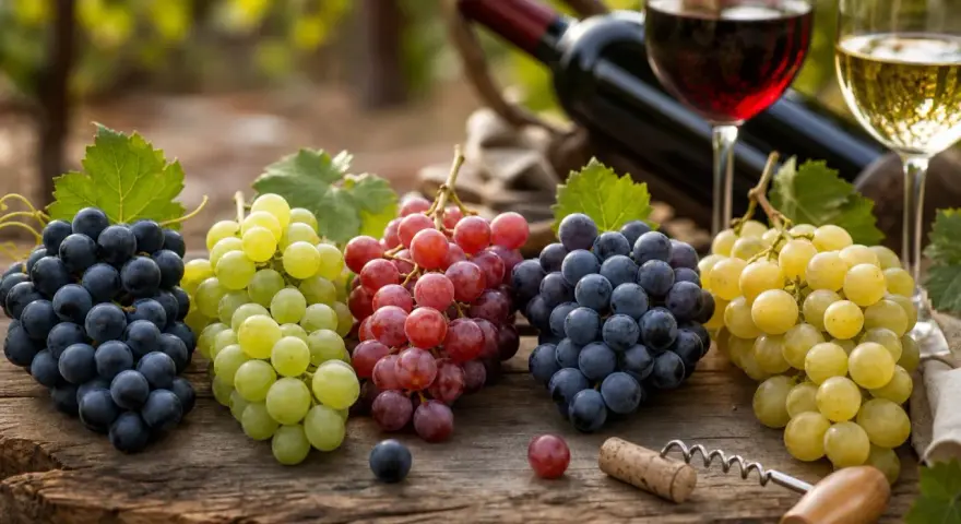 Verschiedene rotwein sorten und Trauben liegen auf einem Holztisch. Daneben eine Flasche Rotwein und zwei Gläser.