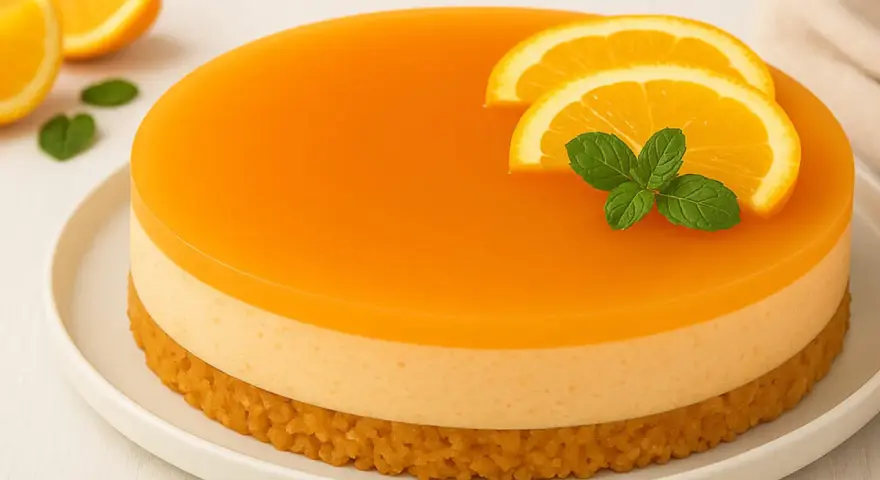 Eine leuchtend orangefarbene Aperol Torte mit Orangenscheiben und Minze, auf einem weißen Teller.