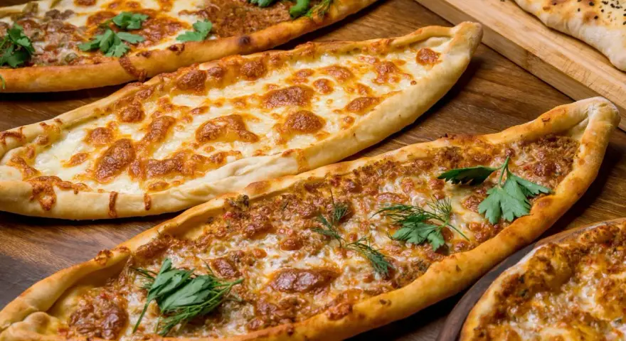 Mehrere Pide-Gerichte, darunter eines mit Käse und eines mit Hackfleisch, sind auf einem Holztisch arrangiert. Ein köstliches Pide Rezept!