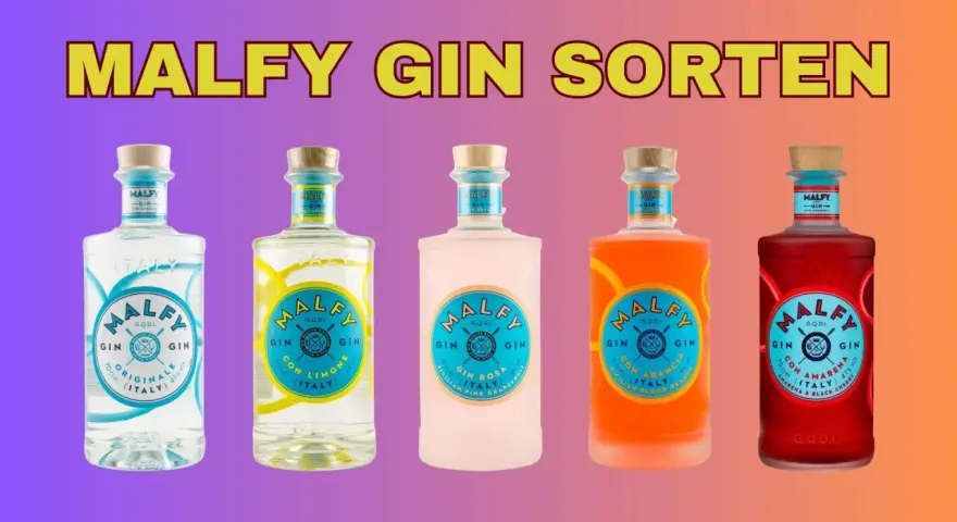 Fünf Malfy Gin Sorten: Originale, Con Limone, Gin Rosa, Con Arancia und Con Amarena.